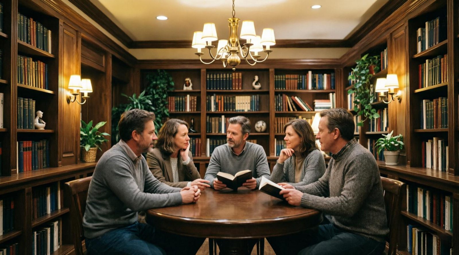 Small group in conversation around a table in a wood-paneled library