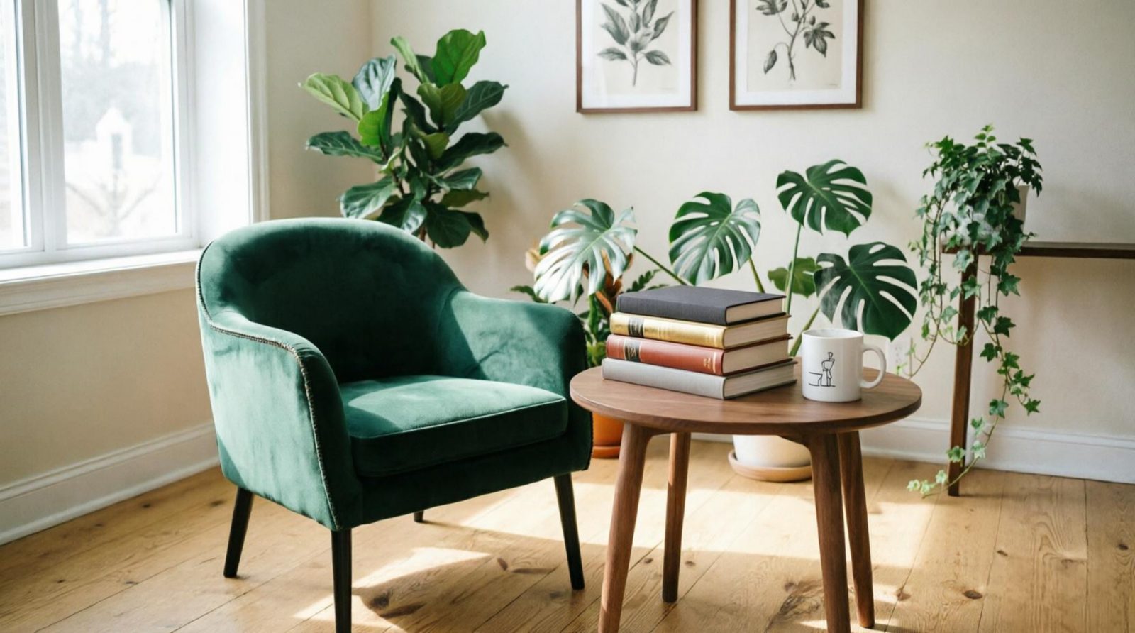 Green velvet reading chair beside plants and a curated stack of books