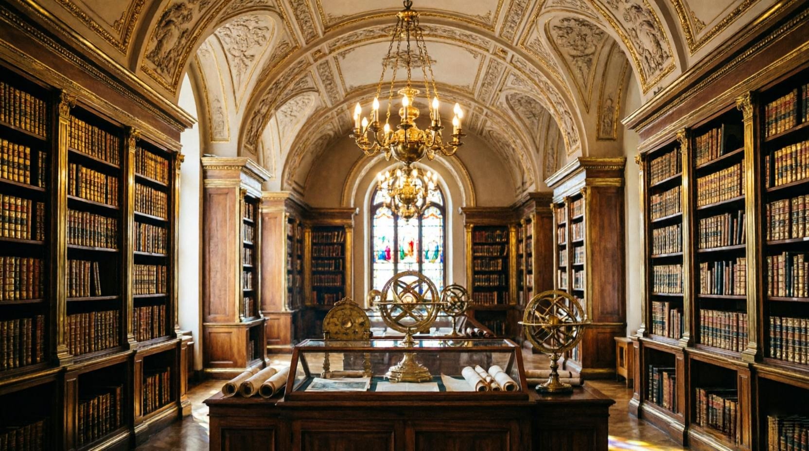 Vaulted library hall with gilded shelves, stained glass and antique armillary spheres