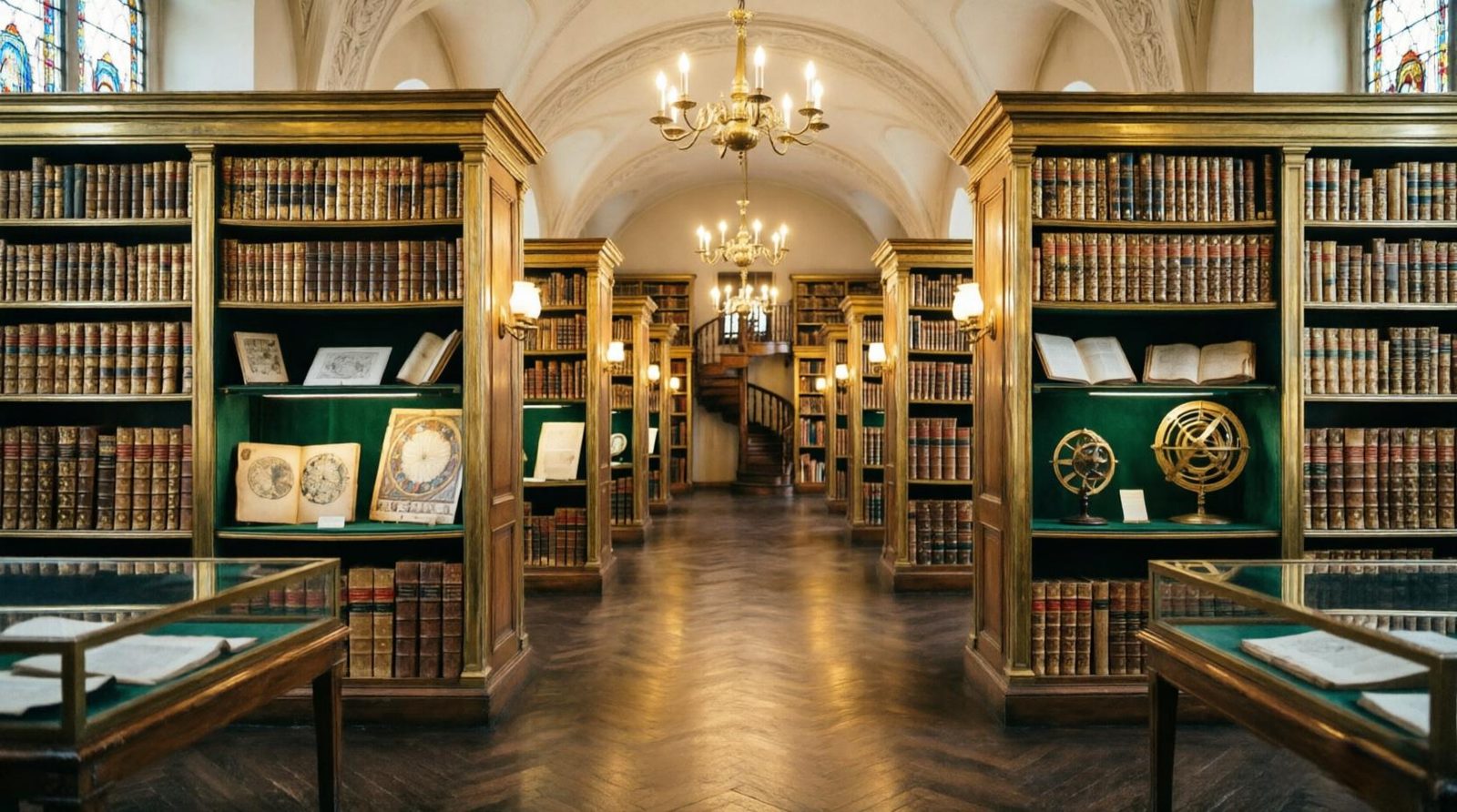 Brass-guarded library shelves lined with rare first-edition books