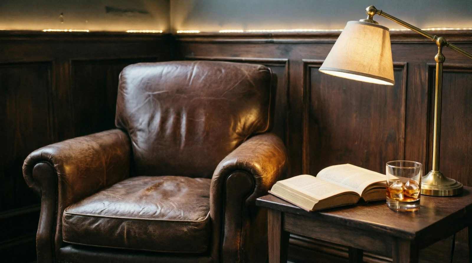 Leather armchair beside a lamp, an open book and a glass of whiskey
